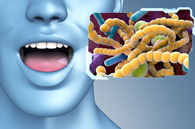 A 3D rendering of a human mouth with an open mouth, set against a background that includes a microscopic view of bacteria, which are colored yellow and green, suggesting an educational context related to oral health or germs