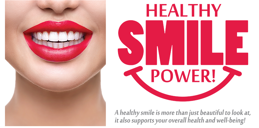 The image features a close-up of a person s face with bright red lipstick, and there is text overlaying the image that reads HEALTHY SMILE POWER